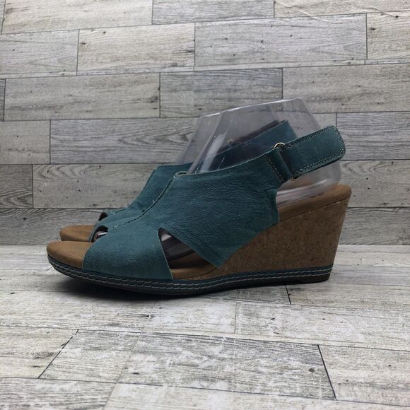 Clarks Collection Float Helio Cork Wedge Sandal Blue Size 9.5 M Soft Cushion - Picture 4 of 11